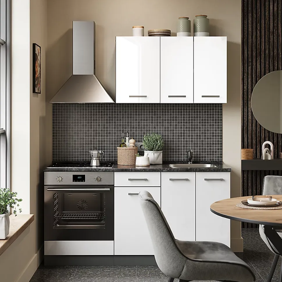 Vicco Cuisine Blanc brillant/Anthracite 160cm avec meuble four encastrable sans PT