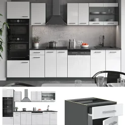 Vicco Cuisine Blanc brillant/Anthracite 300cm avec armoire haute, PT Chêne