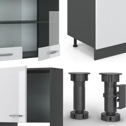 Vicco Cuisine Blanc brillant/Anthracite 300cm avec armoire haute, PT Chêne