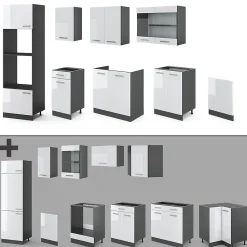 Vicco Cuisine Blanc brillant/Anthracite 300cm avec armoire haute, PT Chêne