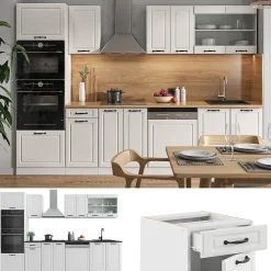 Vicco Cuisine Blanc campagne/blanc 300cm avec armoire haute, PT Chêne