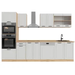 Vicco Cuisine Blanc campagnard/Chêne doré 300cm avec armoire haute, PT Chêne