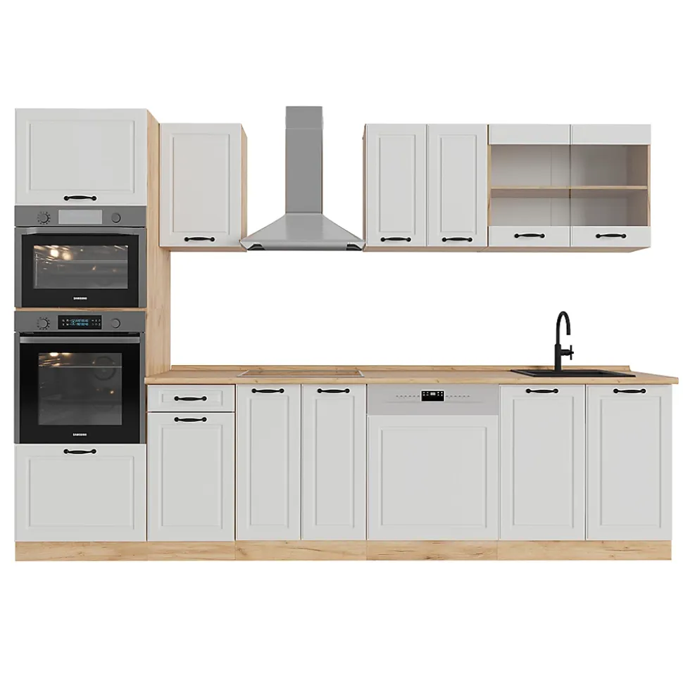 Vicco Cuisine Blanc campagnard/Chêne doré 300cm avec armoire haute, PT Chêne