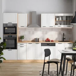 Vicco Cuisine Blanc campagnard/Chêne doré 300cm avec armoire haute, PT Chêne