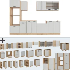 Vicco Cuisine Blanc campagnard/Chêne doré 300cm avec armoire haute, PT Chêne