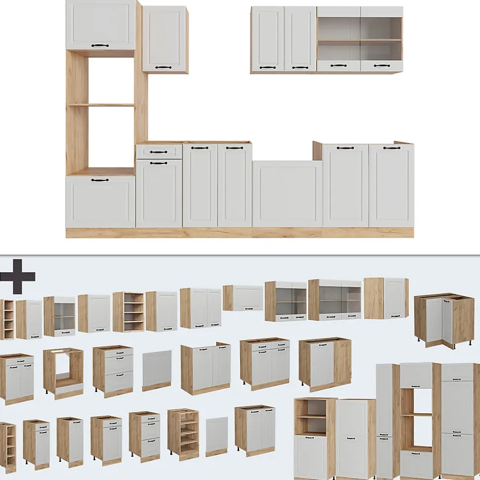 Vicco Cuisine Blanc campagnard/Chêne doré 300cm avec armoire haute, PT Chêne