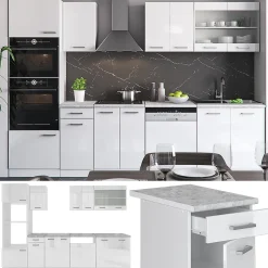 Vicco Cuisine Blanc 300cm avec armoire haute, sans PT