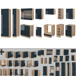 Vicco Cuisine bleu foncé brillant/chêne doré 355cm , PT Marbre