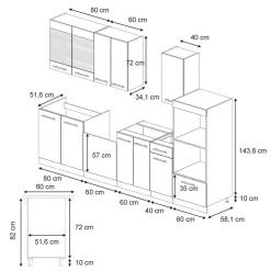 Vicco Cuisine bleu foncé brillant/chêne doré 300cm avec armoire haute, PT Anthracite