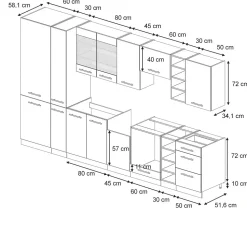 Vicco Cuisine bleu foncé brillant/chêne doré 355cm , PT Chêne