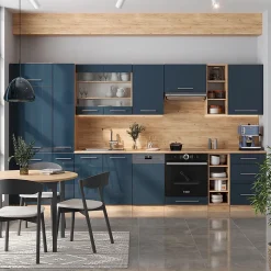 Vicco Cuisine bleu foncé brillant/chêne doré 355cm , PT Chêne