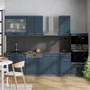 Vicco Cuisine Bleu foncé brillant/Anthracite 300cm avec armoire haute, PT Chêne