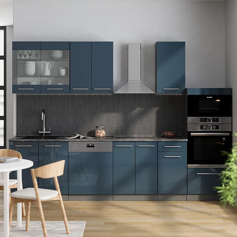 Vicco Cuisine Bleu foncé brillant/Anthracite 300cm avec armoire haute, PT Chêne