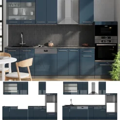 Vicco Cuisine Bleu foncé brillant/Anthracite 300cm avec armoire haute, PT Chêne