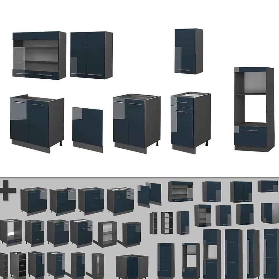 Vicco Cuisine Bleu foncé brillant/Anthracite 300cm avec armoire haute, PT Chêne