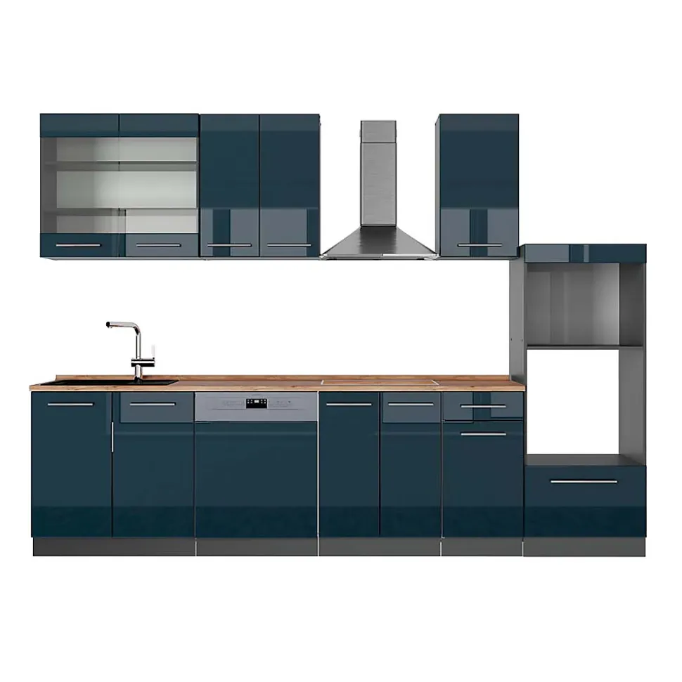 Vicco Cuisine Bleu foncé brillant/Anthracite 300cm avec armoire haute, PT Chêne