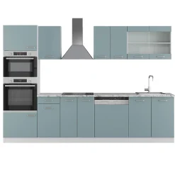 Vicco Cuisine Bleu-gris 300cm avec armoire haute, PT Marbre