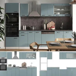 Vicco Cuisine Bleu-gris 300cm avec armoire haute, PT Marbre