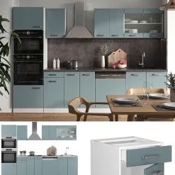 Vicco Cuisine Bleu-gris 300cm avec armoire haute, PT Marbre
