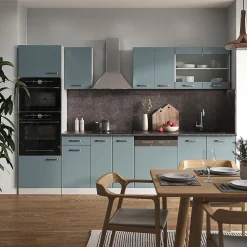 Vicco Cuisine Bleu-gris 300cm avec armoire haute, PT Marbre