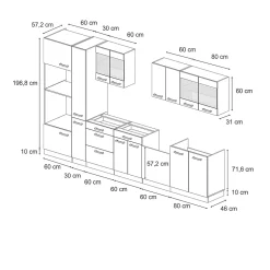 Vicco Cuisine Bleu-gris/chêne doré 350cm avec armoire haute, PT Marbre