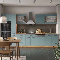 Vicco Cuisine Bleu-gris/chêne doré 350cm avec armoire haute, PT Marbre