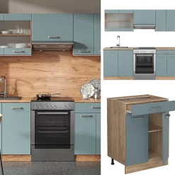 Vicco Cuisine Bleu-gris/chêne doré 200cm sans PT