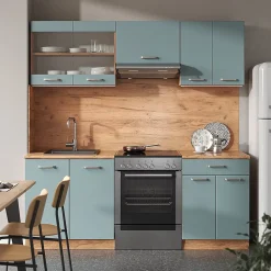 Vicco Cuisine Bleu-gris/chêne doré 200cm sans PT