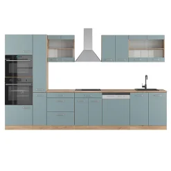 Vicco Cuisine Bleu-gris/chêne doré 350cm avec armoire haute, PT Chêne
