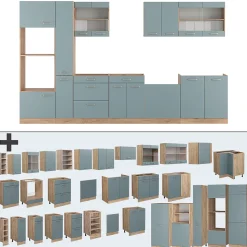 Vicco Cuisine Bleu-gris/chêne doré 350cm avec armoire haute, PT Chêne