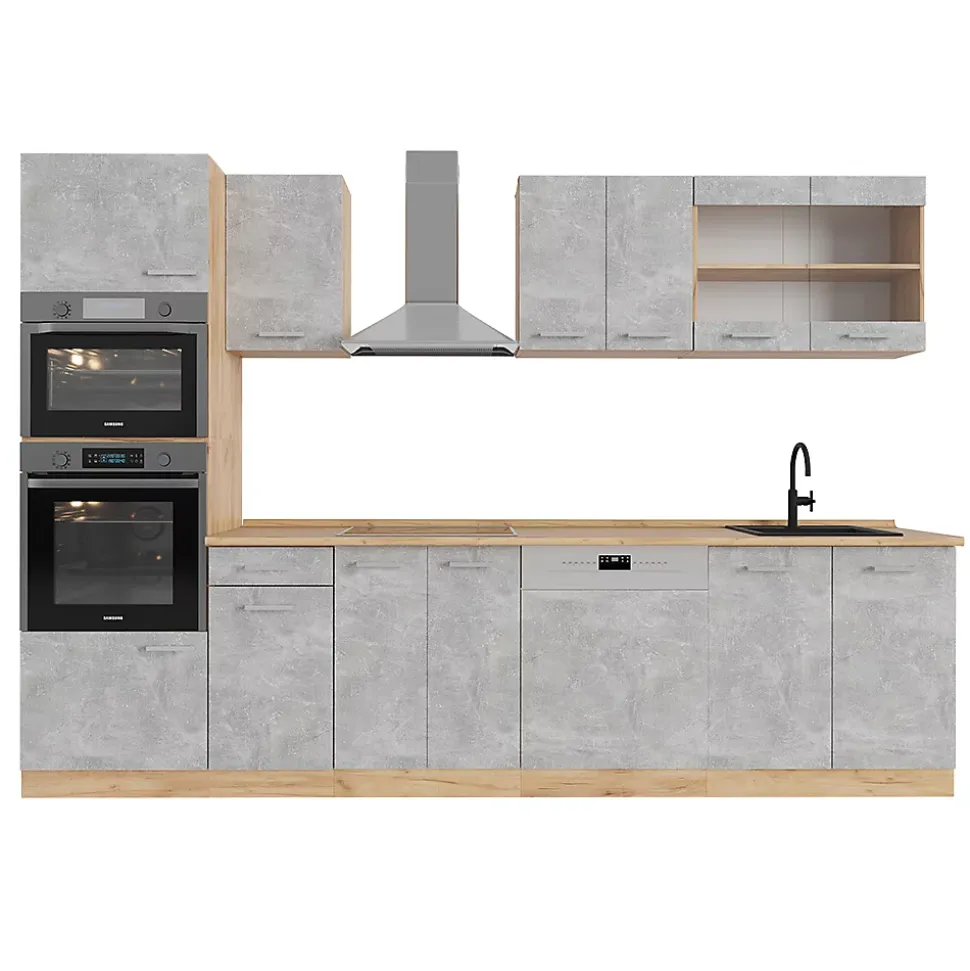 Vicco Cuisine Béton/force dor Chêne 300cm avec armoire haute, sans PT