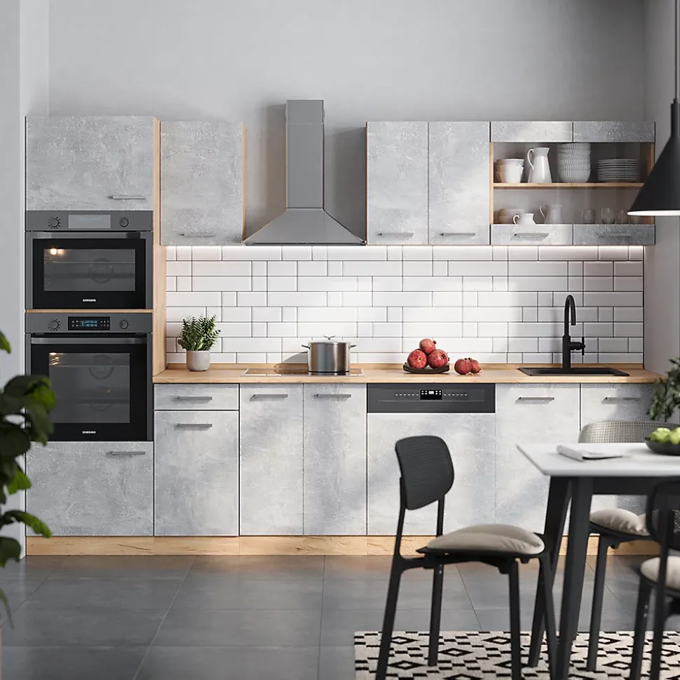 Vicco Cuisine Béton/force dor Chêne 300cm avec armoire haute, sans PT