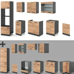 Vicco Cuisine Chêne doré/anthracite 300cm avec armoire haute, PT Marbre