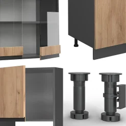 Vicco Cuisine Chêne doré/anthracite 300cm J-Shape, avec armoire haute, sans PT