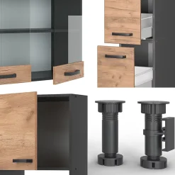 Vicco Cuisine Chêne doré/anthracite 350cm avec armoire haute, sans PT