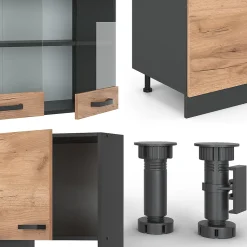 Vicco Cuisine Chêne doré/anthracite 300cm avec armoire haute, PT Anthracite