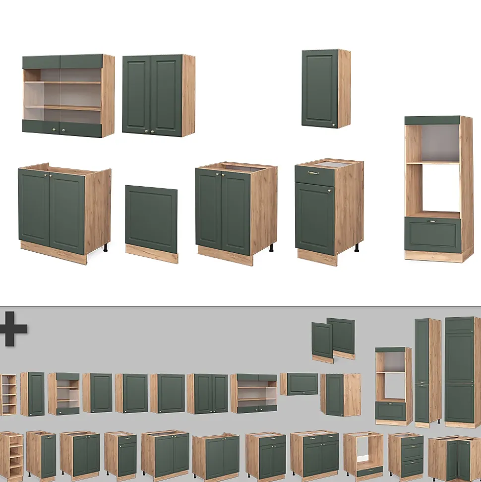 Vicco Cuisine Chêne vert et or/chêne doré 300cm avec armoire haute, PT Chêne