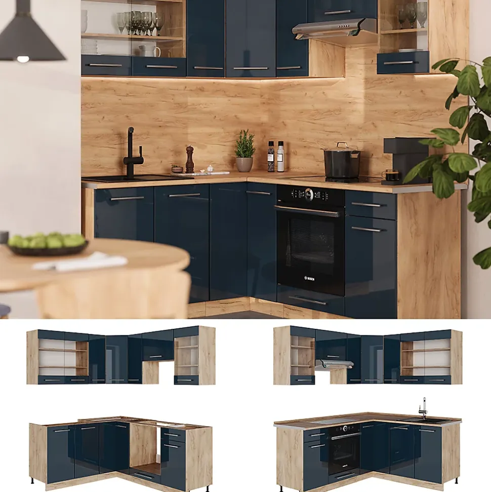 Vicco Cuisine dangle bleu foncé brillant/chêne doré 160x190cm , PT Anthracite