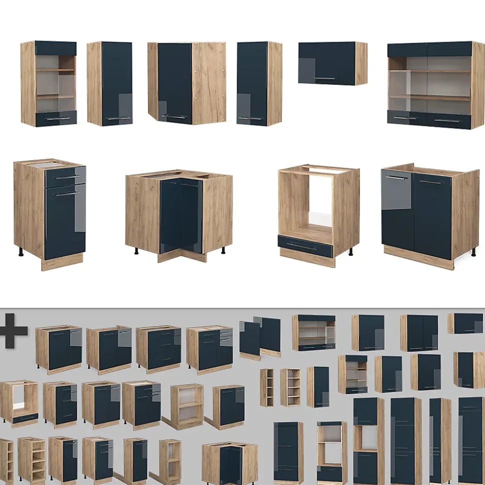 Vicco Cuisine dangle bleu foncé brillant/chêne doré 160x190cm , PT Anthracite