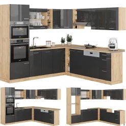 Vicco Cuisine en angle Anthracite brillant/Chêne doré 237x247cm , PT Chêne