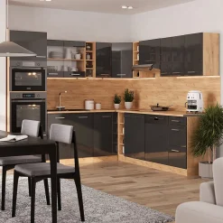 Vicco Cuisine en angle Anthracite brillant/Chêne doré 237x247cm , PT Chêne