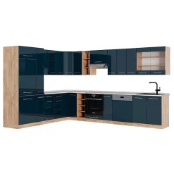 Vicco Cuisine en angle bleu foncé brillant/chêne doré 257x60cm , PT Marbre