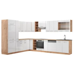 Vicco Cuisine en angle Blanc brillant/Chêne doré 347x257cm sans PT