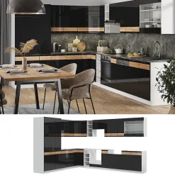Vicco Cuisine en angle Chêne noir brillant/blanc 257x342cm , PT Marbre