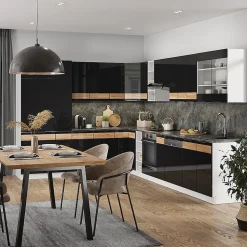 Vicco Cuisine en angle Chêne noir brillant/blanc 257x342cm , PT Marbre