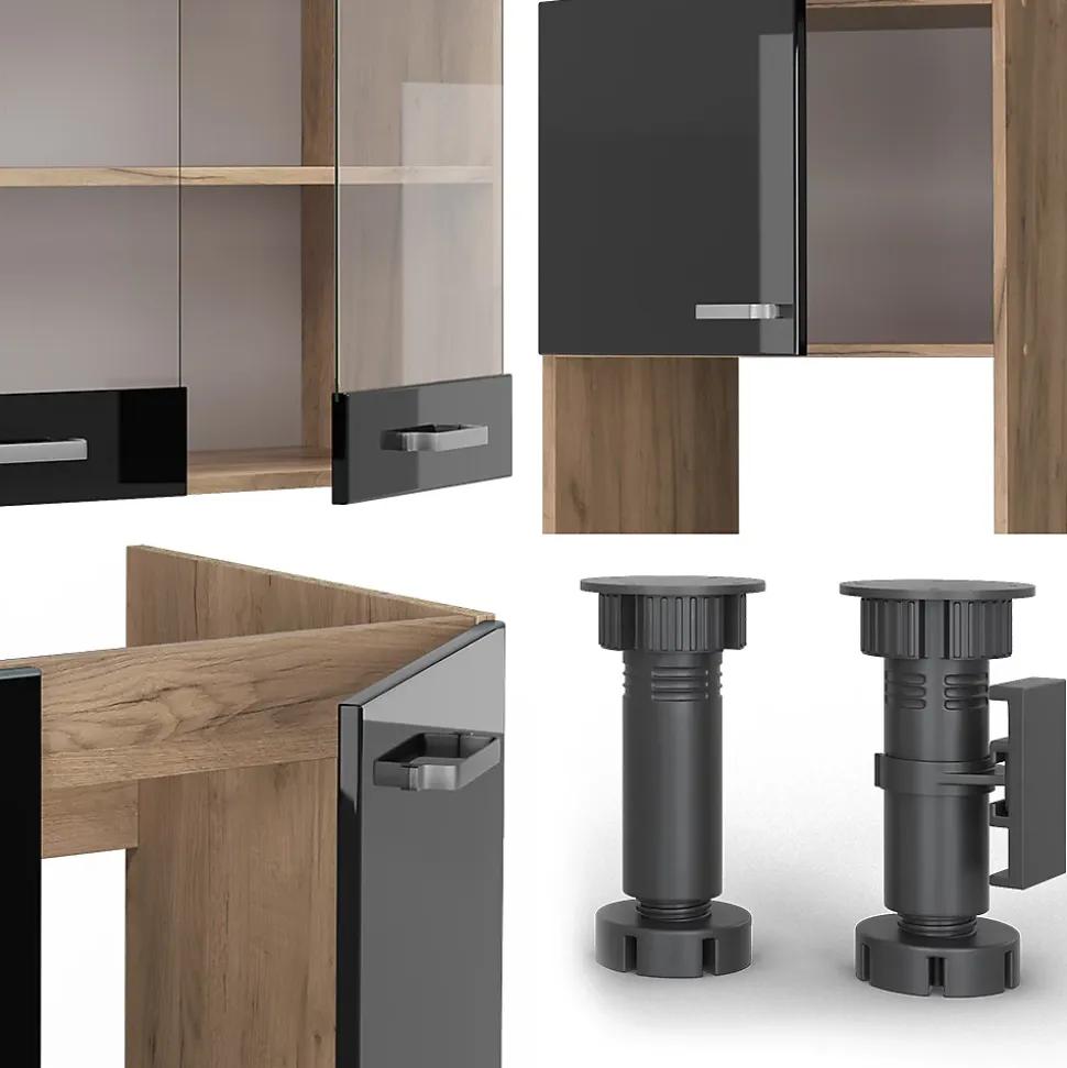 Vicco Cuisine en angle Noir brillant/Chêne doré 237x247cm , PT Chêne