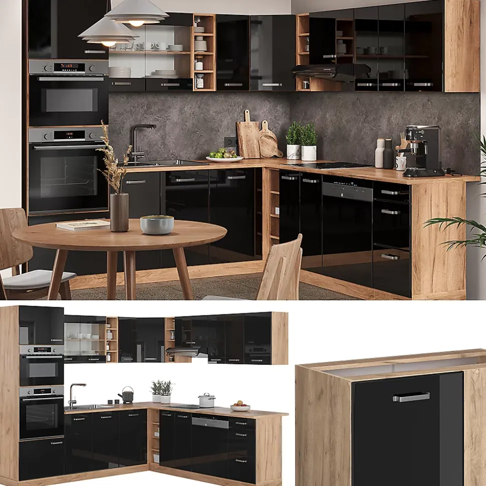 Vicco Cuisine en angle Noir brillant/Chêne doré 237x247cm , PT Chêne