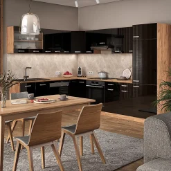 Vicco Cuisine en angle Noir brillant/Chêne doré 227x287cm sans PT