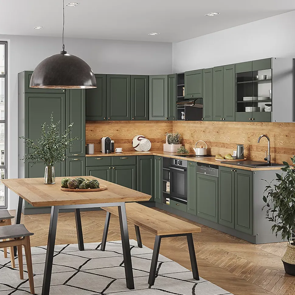 Vicco Cuisine en angle Vert et or campagne/anthracite 347x257cm , PT Marbre