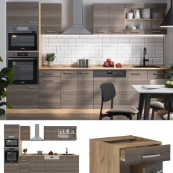 Vicco Cuisine gris noble/chêne doré 300cm avec armoire haute, PT Marbre